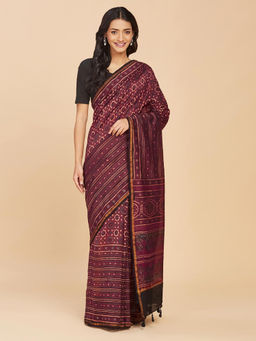 Fabindia - Red Cotton Silk Ajrakh Saree Without Blouse