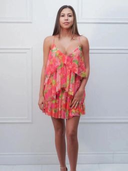 WomanLikeU - Pink Floral Printed Tiered Mini Dress