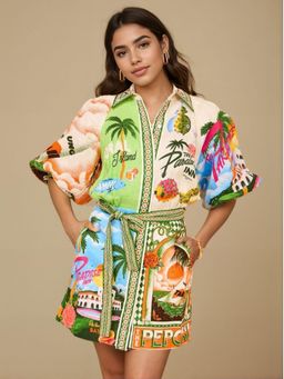 WomanLikeU - Printed Shirt Dress with Belt