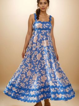 WomanLikeU - Blue and Pink Floral Printed Flared Dress