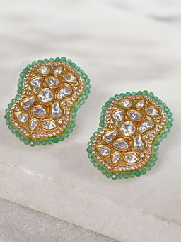 Joules By Radhika - Kundan Polki Green Beaded Stud Earrings