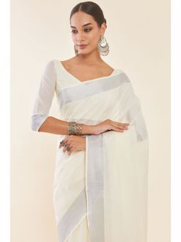 Soch - Off White Cotton Kasavu Saree with Silver Zari Woven Borders and Unstitched Blouse