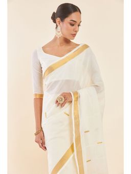 Soch - Off White Cotton Kasavu Saree with Zari Woven Borders and Motifs with Unstitched Blouse