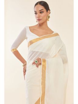 Soch - Off White Cotton Kasavu Saree with Zari Borders and Unstitched Blouse