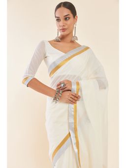 Soch - Off White Cotton Kasavu Saree with Golden and Silver Zari Borders with Unstitched Blouse