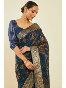 Soch - Womens Navy Blue Crepe Ethnic Print Zari Border Saree with Unstitched Blouse