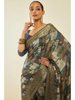 Soch - Womens Grey Crepe Geometric Print Zari Border Saree with Unstitched Blouse