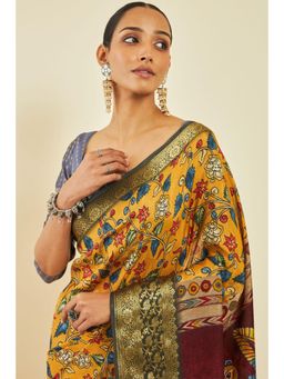 Soch - Womens Mustard Crepe Floral Kalamkari Print Zari Border Saree with Unstitched Blouse