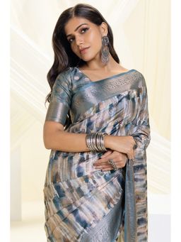 Soch - Grey Tussar Silk Abstract Print and Zari Woven Designs Saree with Unstitched Blouse