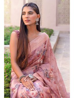 Soch - Mauve Tussar Silk Floral Print and Zari Woven Designs Saree with Unstitched Blouse