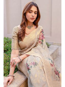 Soch - Beige Tussar Silk Floral Print and Zari Woven Designs Saree with Unstitched Blouse