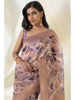 Soch - Grey Tussar Silk Geometric Print and Zari Woven Designs Saree with Unstitched Blouse