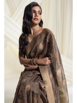 Soch - Earth Tussar Silk Floral Print and Zari Woven Designs Saree with Unstitched Blouse