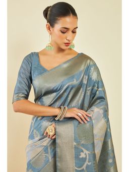 Soch - Grey Tussar Silk Zari Woven Floral and Foliage Designs Saree with Unstitched Blouse