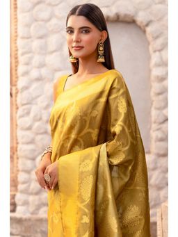 Soch - Gold Tussar Silk Zari Woven Floral and Foliage Designs Saree with Unstitched Blouse