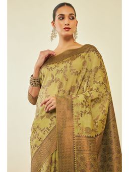 Soch - Light Green Tussar Silk Floral and Foliage Woven Designs Saree with Unstitched Blouse