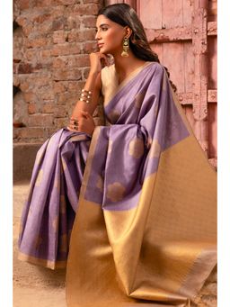Soch - Purple Tussar Silk Motifs and Beige Pallu Saree with Unstitched Blouse