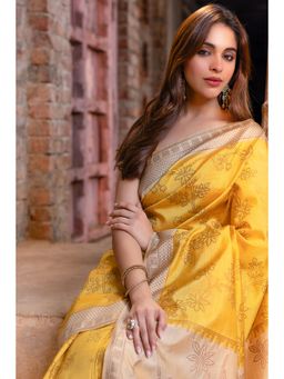 Soch - Mustard Tussar Silk Woven Foliage Designs Saree with Unstitched Blouse