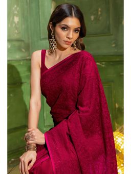 Soch - Maroon Georgette Paisley Embroidery and Stone Saree with Unstitched Blouse