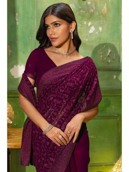 Soch - Wine Georgette Floral Self Embroidery and Stones Saree with Unstitched Blouse