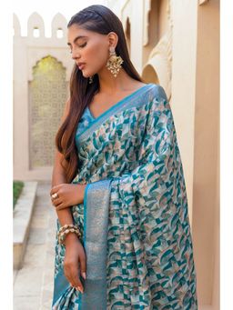 Soch - Turquoise Tussar Silk Abstract Print and Zari Woven Designs Saree with Unstitched Blouse