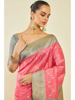 Soch - Coral Tussar Silk Woven Zari Designs and Grey Pallu Saree with Unstitched Blouse