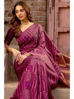 Soch - Wine Silk Saree with Zari Woven Geometric Patterns with Unstitched Blouse