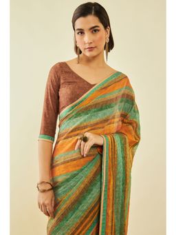Soch - Womens Multicolour Chiffon Stripes Saree With Beads With Unstitched Blouse