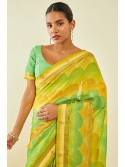 Soch - Womens Yellow Chiffon Abstract Print Saree With Beads With Unstitched Blouse