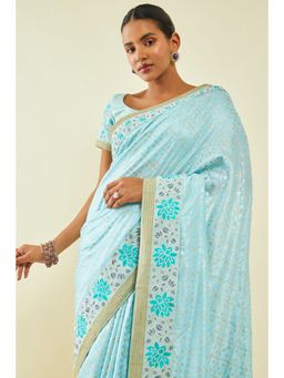 Soch - Womens Powder Blue Tussar Silk Geometric Saree With Zari With Unstitched Blouse