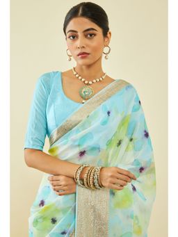 Soch - Womens Powder Blue Organza Floral Print Saree With Unstitched Blouse