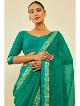 Soch - Womens Green Georgette Geometric Print Saree with Unstitched Blouse
