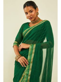 Soch - Womens Green Georgette Geometric Print Saree with Unstitched Blouse