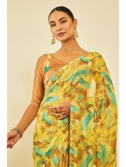 Soch - Womens Yellow Chiffon Abstract Print Saree with Unstitched Blouse