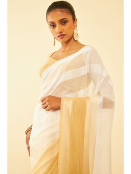 Soch - Womens Beige Chiffon Striped Saree with Unstitched Blouse
