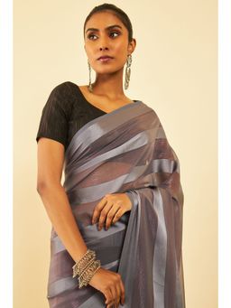 Soch - Womens Grey Chiffon Striped Saree with Tassels with Unstitched Blouse