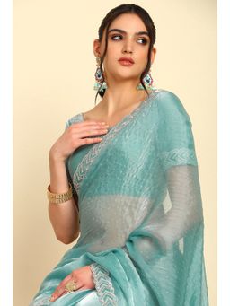 Soch - Turquoise Blue Stone Embellished Organza Saree with Unstitched Blouse