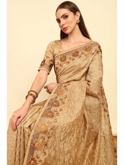 Soch - Beige Embroidered Tussar Saree with Cut Work with Unstitched Blouse