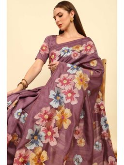 Soch - Purple Floral Embroidered Tussar Saree with Unstitched Blouse
