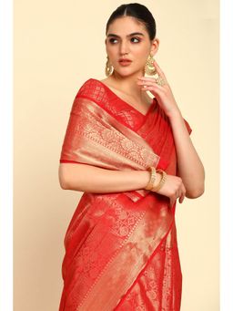 Soch - Red Ethnic Motifs Woven Design Jacquard Blend Saree with Unstitched Blouse