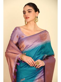 Soch - Teal Floral Zari Woven Design Silk Blend Saree with Tassels with Unstitched Blouse