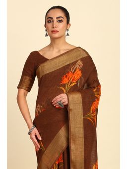 Soch - Womens Brown Floral Printed Linen Saree with Unstitched Blouse