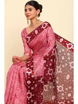 Soch - Womens Blush Pink Ikat Printed Cotton Saree with Unstitched Blouse