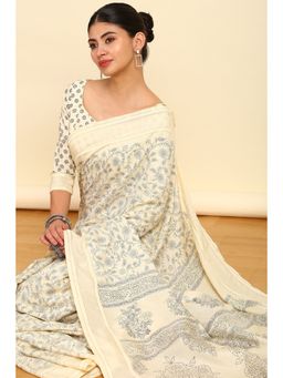 Soch - Womens Cream & Navy Blue Floral Printed Art Silk Saree with Unstitched Blouse