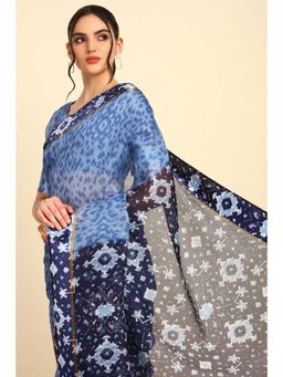 Soch - Womens Blue Cotton Ikat Print Saree with Unstitched Blouse