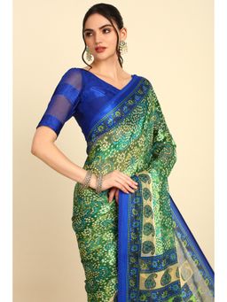 Soch - Womens Green Chiffon Bandhani Print Saree with Unstitched Blouse