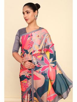 Soch - Womens Multi-Color Crepe Floral Print Saree with Unstitched Blouse