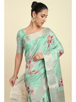 Soch - Womens Sap Green Chanderi Floral Print Saree With Tassels with Unstitched Blouse