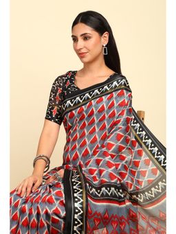 Soch - Womens Grey Cotton Ikat Print Saree with Unstitched Blouse