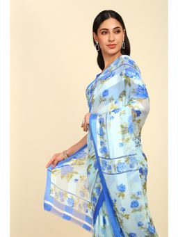 Soch - Womens Blue Chiffon Floral Print Saree with Unstitched Blouse